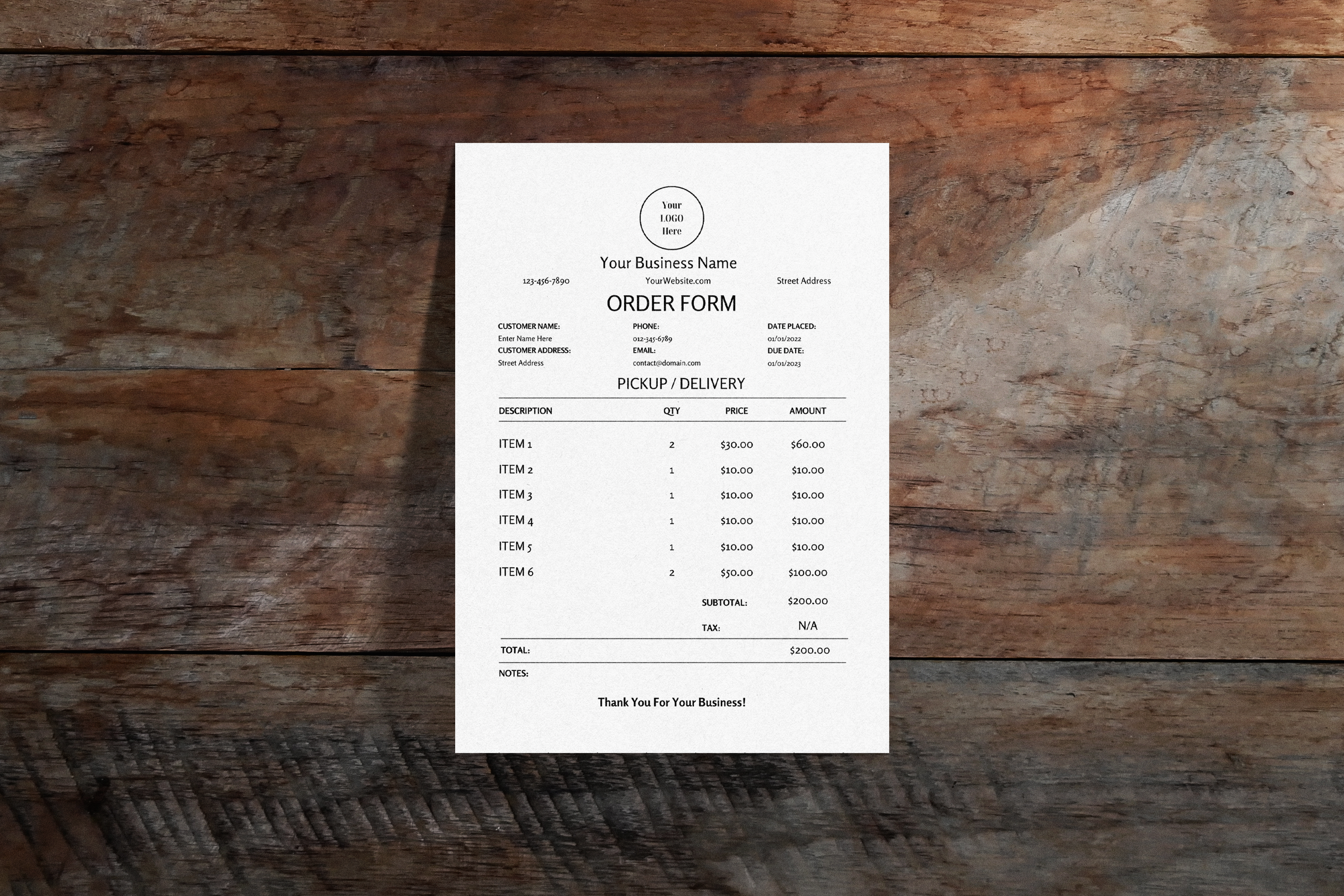 Minimal Purchase Order Form Template