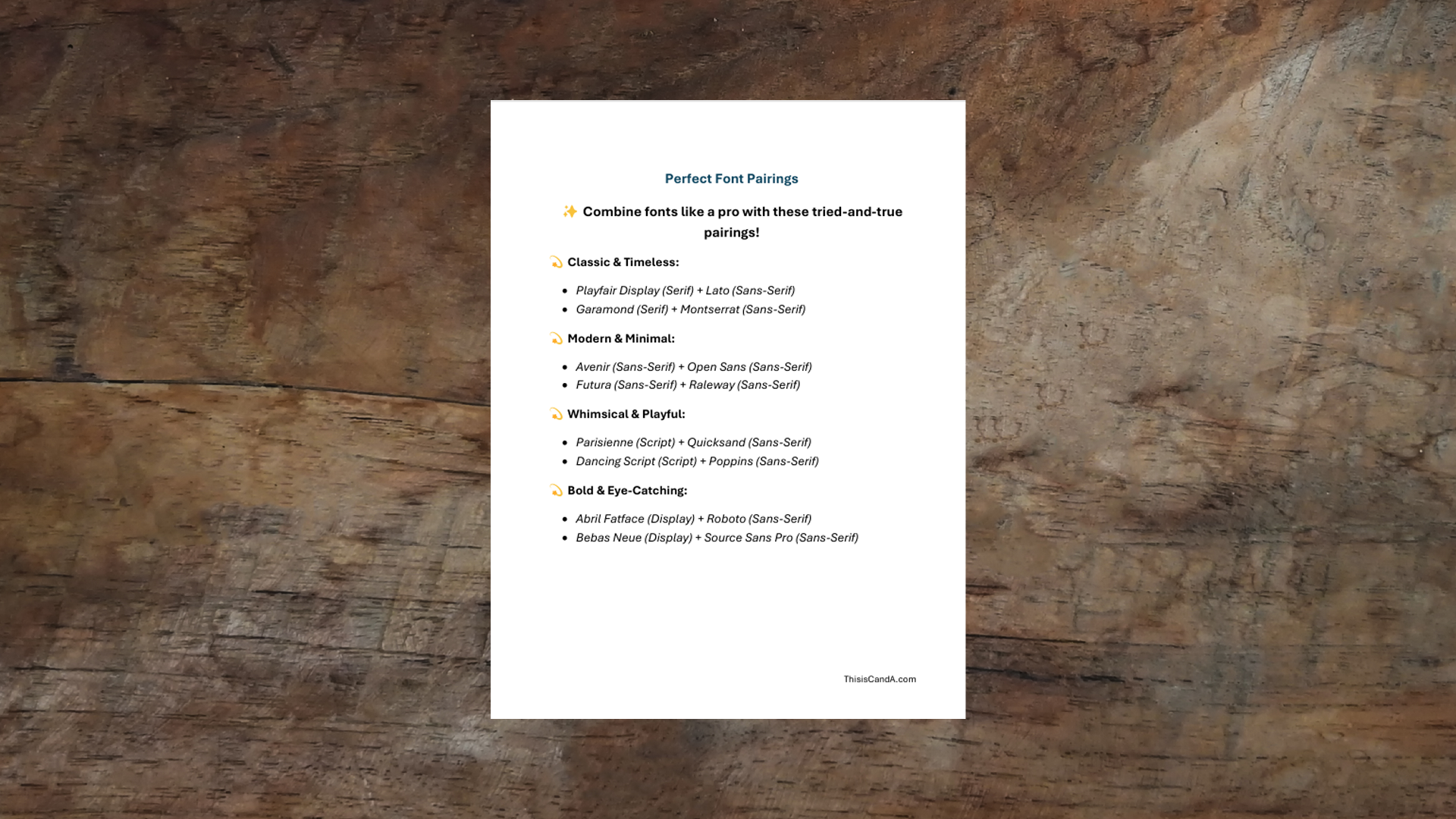 FREE Font Pairing Sheet