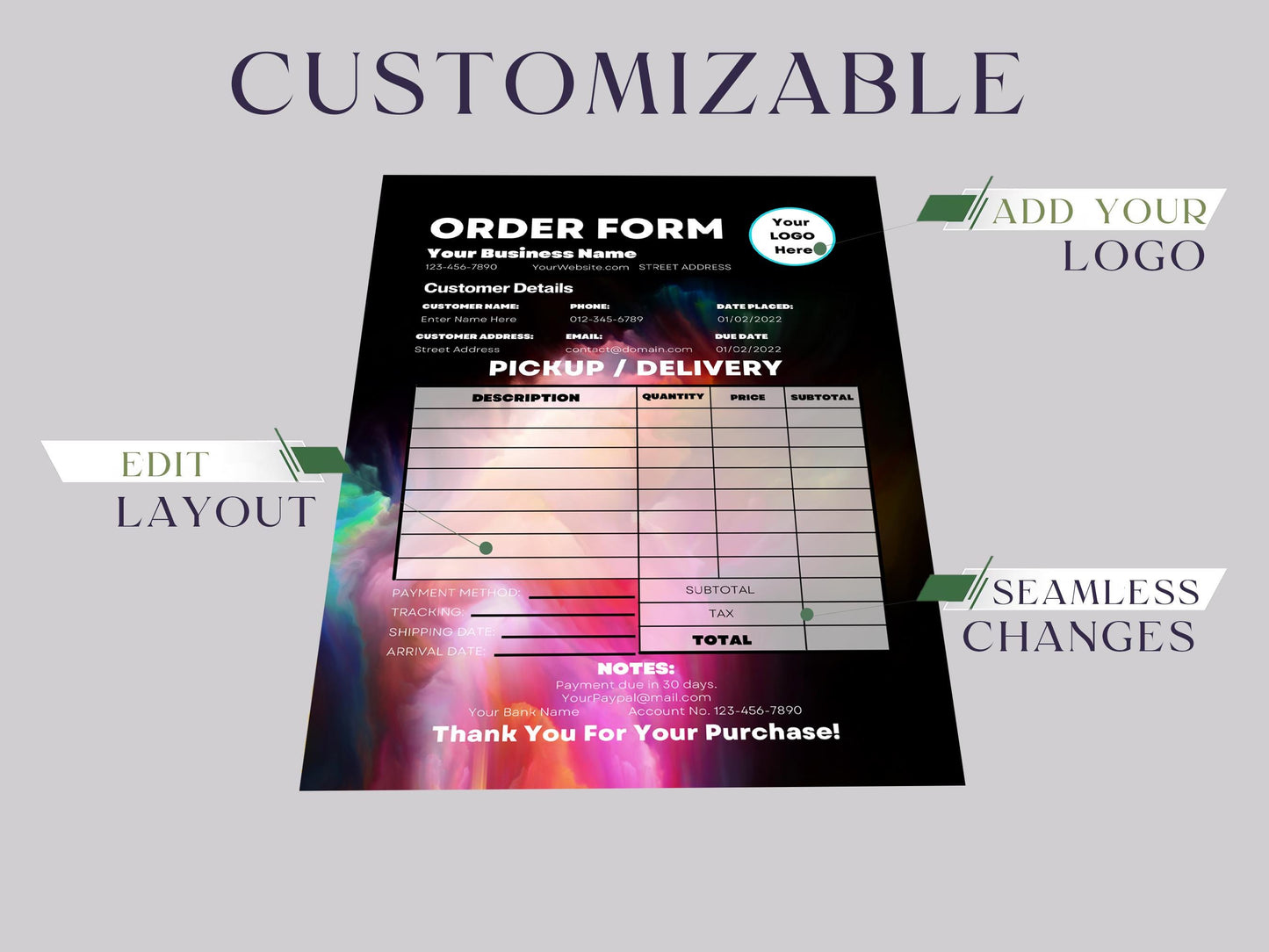 Editable Craft Order Form Template, Custom Purchase Order Form, Cake Order Form, Sales Tracker Form, Small Business Form, Business Invoice