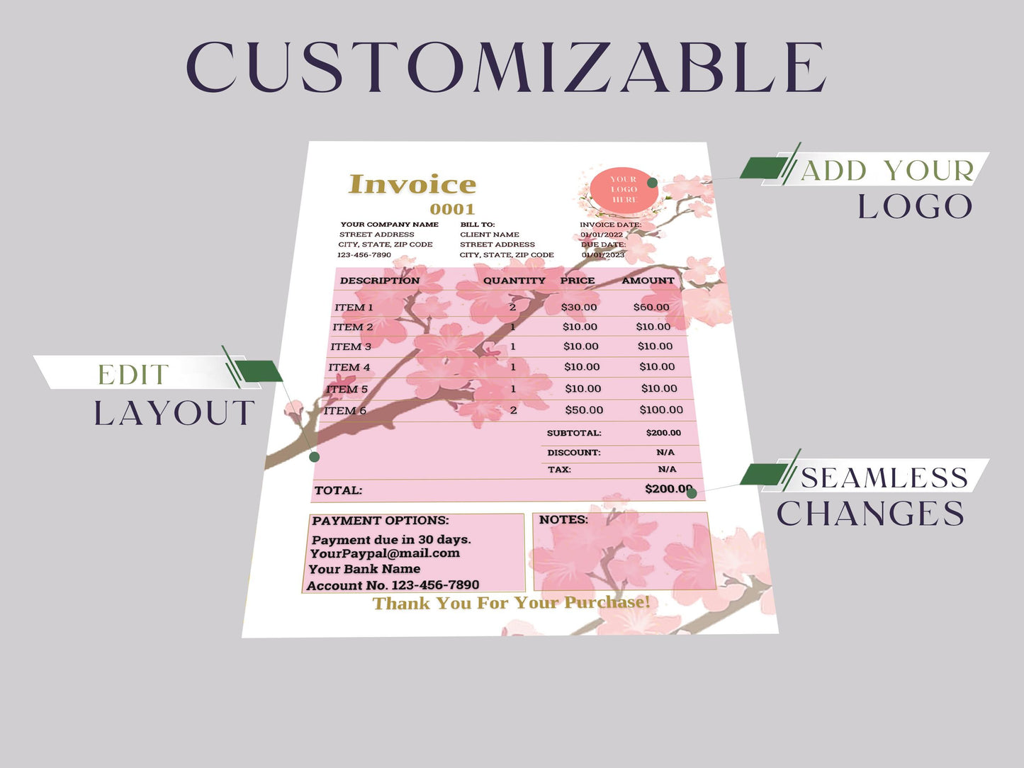 Event/Wedding Planner/Floral Invoice Template Word/Google Docs/PDF/PNG/Canva Marketing Small Business Billing Cute Custom Florist Order Form