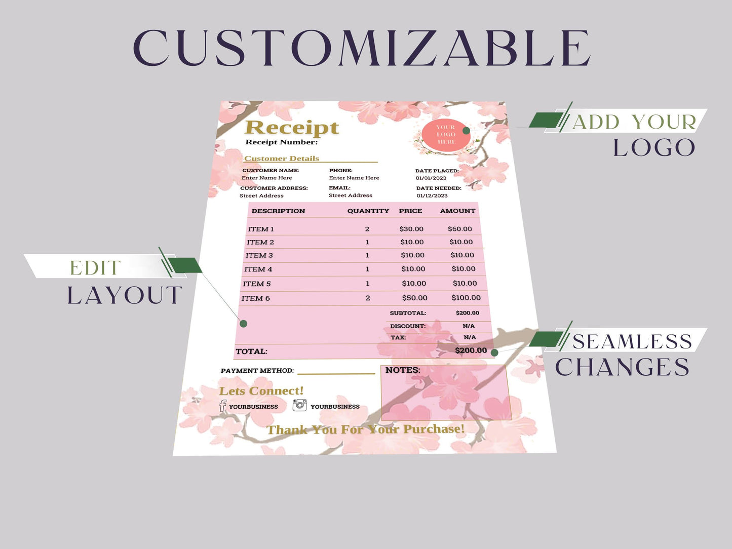 Event/Wedding Planner/Floral/Photography Business Receipt Quote Template Payment Receipt Business Order Tracker Form Bill Estimate Template