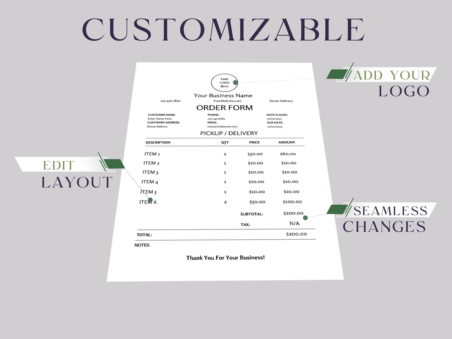 Minimal Purchase Order Form Template| Customer Billing Statement | Small Business Invoice Template Download | Custom Order Form |Photography