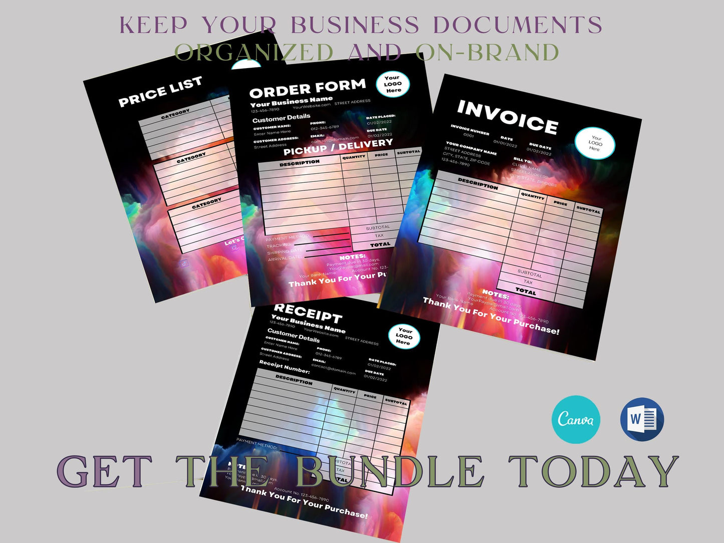 Creative Rainbow Business Invoice Template Word Editable Freelance Craft Order Form Marketing Small Business for Sale Printable Stationery