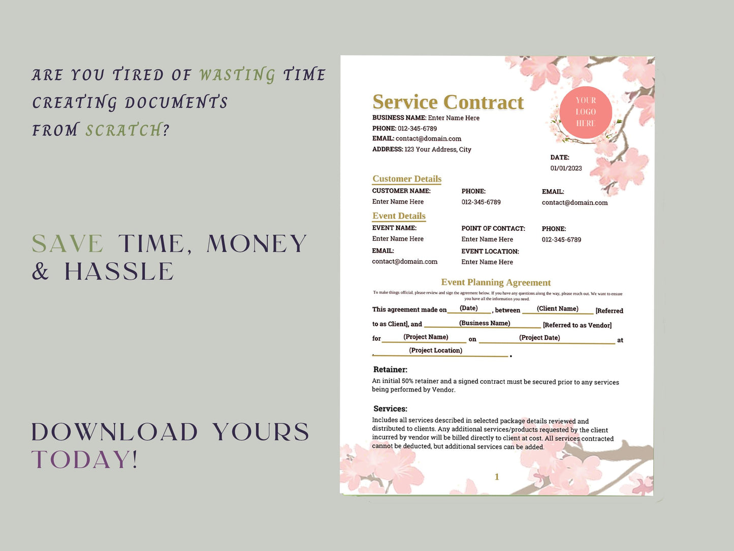 Event/Wedding Planner/Florist/Photography Contract Template Business Client Intake Form Terms of Service Agreement Onboarding Welcome Packet