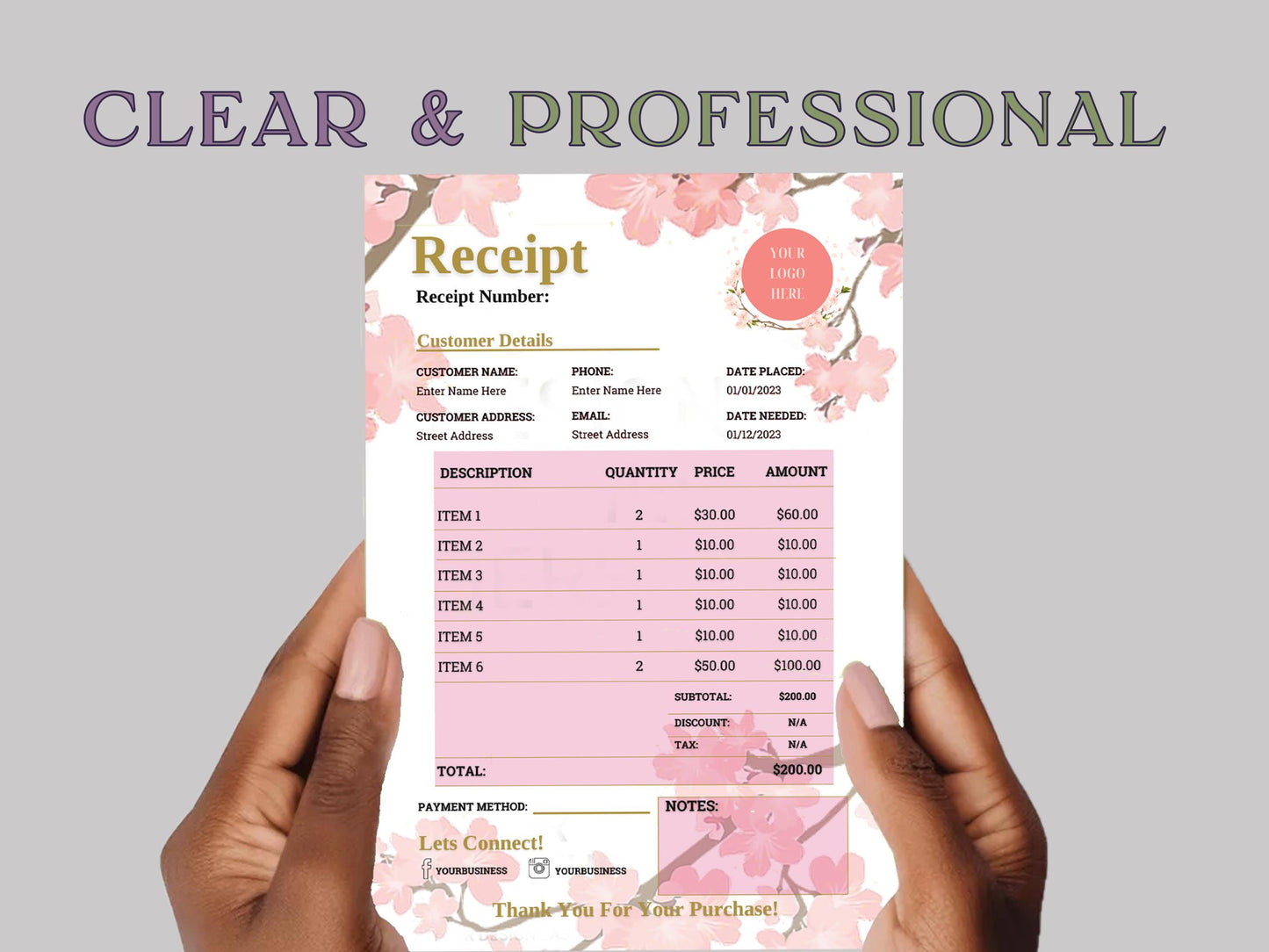 Event/Wedding Planner/Floral/Photography Business Receipt Quote Template Payment Receipt Business Order Tracker Form Bill Estimate Template