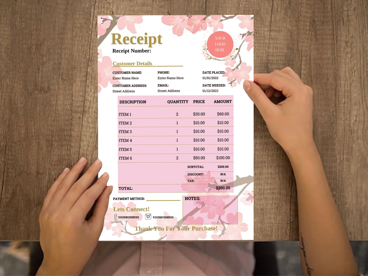 Event/Wedding Planner/Floral/Photography Business Receipt Quote Template Payment Receipt Business Order Tracker Form Bill Estimate Template