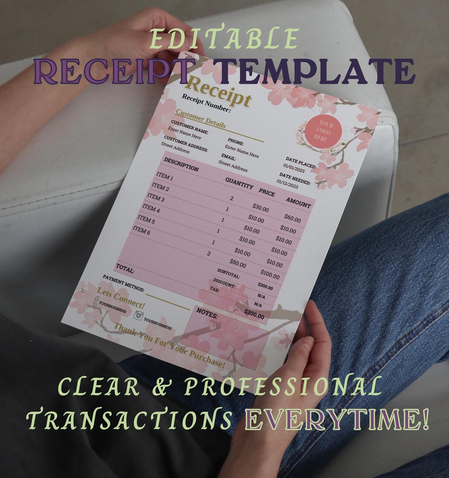 Event/Wedding Planner/Floral/Photography Business Receipt Quote Template Payment Receipt Business Order Tracker Form Bill Estimate Template